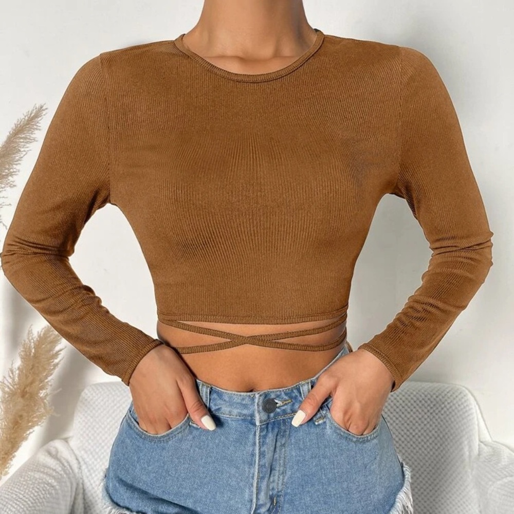 Long sleeve criss cross wrap around tie crop top ribbed knit black y2k - Picture 3 of 4